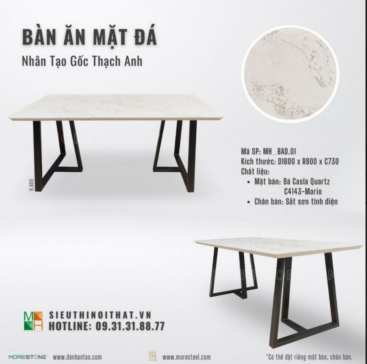 Ảnh của Bàn ăn mặt đá nhân tạo thạch anh chân sắt MH_BAD.01